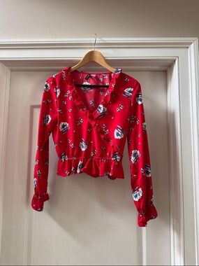 H&M Red Floral Ruffle-Waist Long Sleeve Blouse